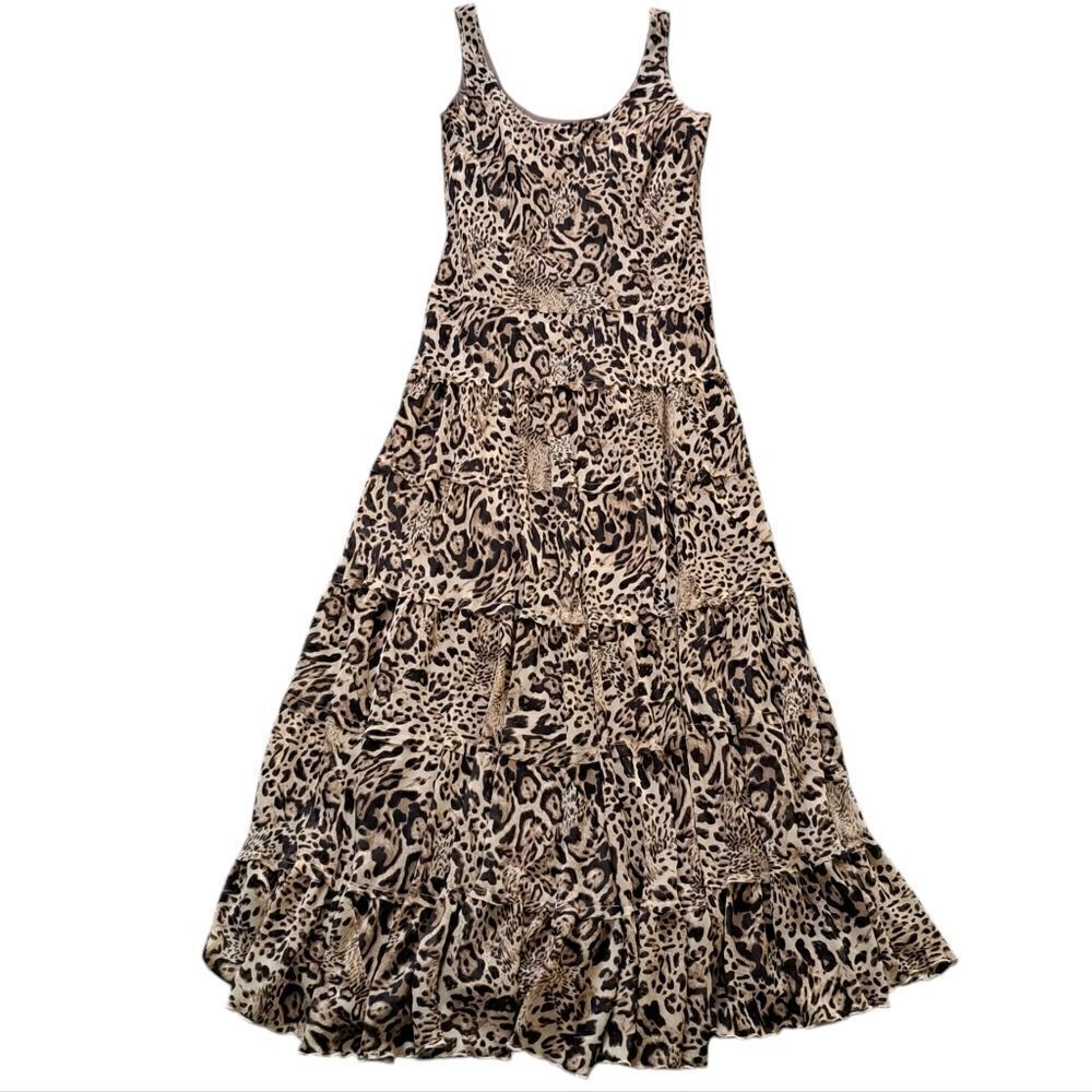 Jones New York Y2K Animal Print Tiered Chiffon Whimsygoth Maxi Dress Sz 4 Brown